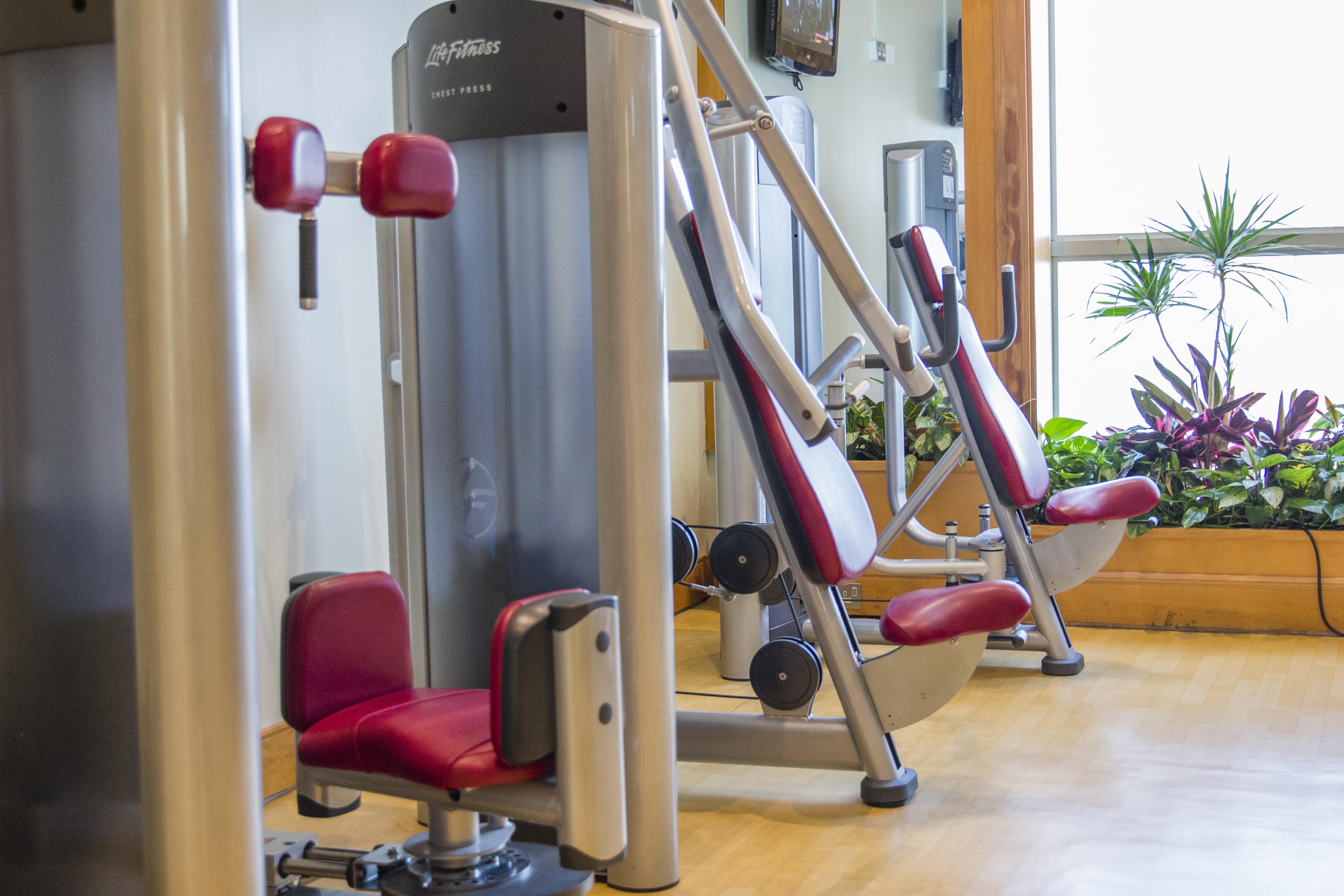 Dusit Thani Dubai Exterior photo The photo shows a modern gym environment featuring two pieces of exercise equipment. The machines have a sleek design with gray metallic structures and red seats and padding. One machine appears to be focused on upper body exercises, likely targeting